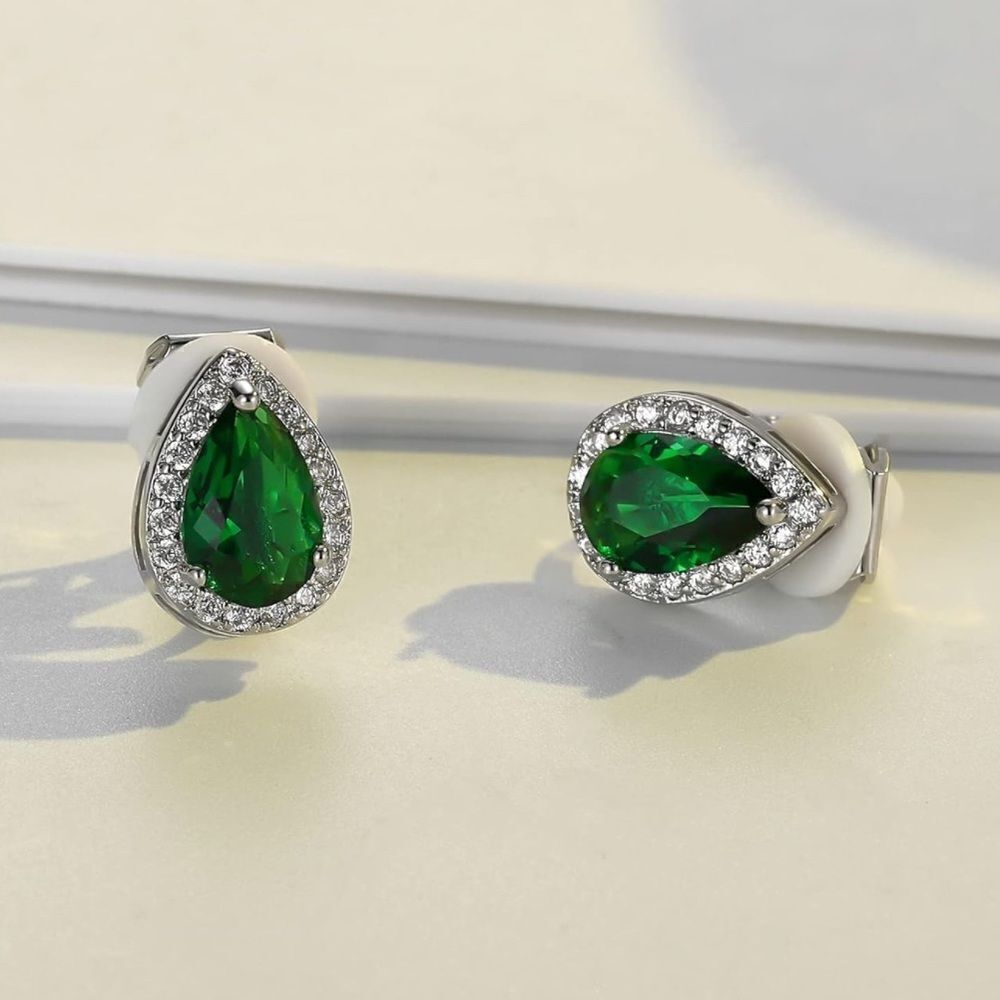 Silver with Emerald and Diamond Cubic Zirconia Teardrop Stud Clip On Earrings - Picture 4 of 5